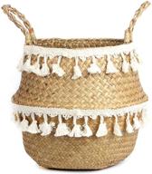 bluemake large tassel macrame woven seagrass belly basket: multipurpose storage, decoration, and laundry solution with plant basin cover – perfect for picnics, groceries, and toy organization logo