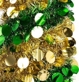 img 3 attached to Ceephouge 5FT Pop Up Christmas Tinsel Tree, Golden Green Collapsible Artificial Pencil Xmas Thin Tree with Shiny Tree Top Stars and Banners - Perfect for Holiday Christmas Thanksgiving Party Decorations