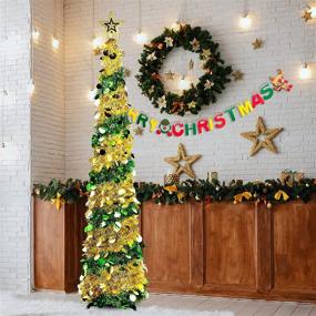 img 1 attached to Ceephouge 5FT Pop Up Christmas Tinsel Tree, Golden Green Collapsible Artificial Pencil Xmas Thin Tree with Shiny Tree Top Stars and Banners - Perfect for Holiday Christmas Thanksgiving Party Decorations