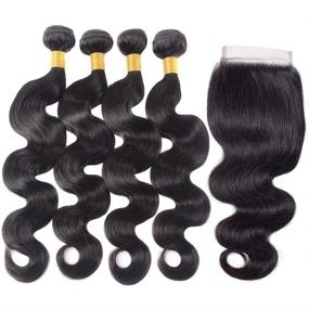 img 4 attached to 💇 Набор волос FW Hair 8A Brazilian Body Wave с закрытием (18 20 22 24+16) - 320г Набор человеческих волос с закрытием - Бразильские накладные волосы Body Wave - Натуральный цвет