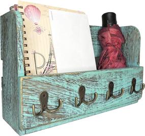 img 4 attached to 📬 Rustic Blue Wooden Wall Mount Mail Holder Organizer with 4 Double Key Hooks – Entryway Wall Décor and Magazine Holder
