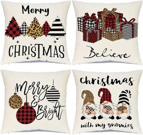 img 4 attached to 🎄 Ueerdand Christmas Pillow Covers 18 x 18 Set of 4: Buffalo Plaid Stripe Tree Gnome Rustic Winter Holiday Throw Pillows for Farmhouse Christmas Decor - Xmas Cushion Cases for Couch