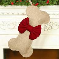 malier new linen large christmas stocking for pets - jute natural burlap, dog bone shape, hanging stocking - red logo