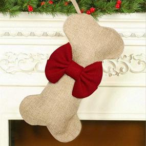 img 4 attached to Malier New Linen Large Christmas Stocking for Pets - Jute Natural Burlap, Dog Bone Shape, Hanging Stocking - Red