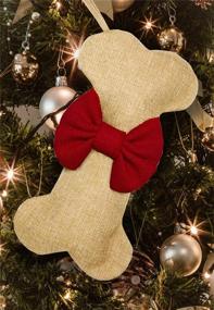 img 2 attached to Malier New Linen Large Christmas Stocking for Pets - Jute Natural Burlap, Dog Bone Shape, Hanging Stocking - Red