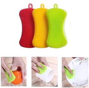 img 3 attached to 🧽 Food-Grade Silicone Sponge Dish Washing Scrubber Set - Heat-Resistant Pot Holder, Easy to Handle and Clean Non-Stick Brush (3 Pack)