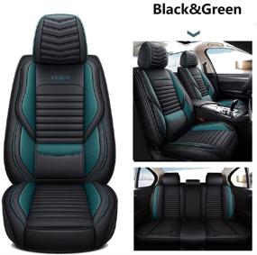 img 4 attached to 🚗 YOYOMAN 04 Leather Car Seat Cover: Waterproof Synthetic Leather Cushion with Lumbar Support - Front and Back Fit for Sedan SUV Truck Hatchback (Black & Green)