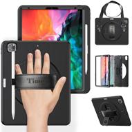 timecity ipad pro 12.9 inch case 2020/2018, shockproof case with pencil holder, screen protector, rotating kickstand, hand strap, shoulder strap - black logo