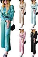 prettygarden women's v neck satin 2-piece outfit with long sleeves, side slit long pants, lounge pj tracksuit set logo