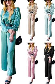 img 4 attached to PRETTYGARDEN Women's V Neck Satin 2-Piece Outfit with Long Sleeves, Side Slit Long Pants, Lounge PJ Tracksuit Set