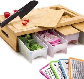 img 4 attached to 🔪 SHINESTAR Bamboo Cutting Board with Containers, Lids, Graters, and Juice Groove - Sturdy, Organized, Easy to Use Kitchen Prep and Storage Station