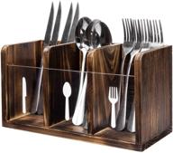 🍴 rustic torched dark brown wood dining utensils flatware holder caddy organizer box: fork, spoon, and knife labels included логотип