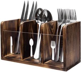 img 4 attached to 🍴 Rustic Torched Dark Brown Wood Dining Utensils Flatware Holder Caddy Organizer Box: Fork, Spoon, and Knife Labels Included