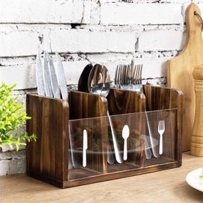 img 2 attached to 🍴 Rustic Torched Dark Brown Wood Dining Utensils Flatware Holder Caddy Organizer Box: Fork, Spoon, and Knife Labels Included