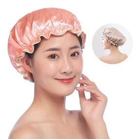 img 3 attached to 🚿 Reusable Waterproof Shower Cap Set for Women - 4 Pack, Double Layer Long Hair Protection, with Stylish Satin Hair Bonnet - Medium Size
