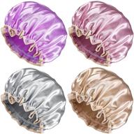 🚿 reusable waterproof shower cap set for women - 4 pack, double layer long hair protection, with stylish satin hair bonnet - medium size logo