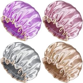 img 4 attached to 🚿 Reusable Waterproof Shower Cap Set for Women - 4 Pack, Double Layer Long Hair Protection, with Stylish Satin Hair Bonnet - Medium Size