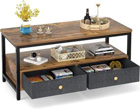 img 3 attached to Rustic Brown Industrial Coffee Table with Storage Drawers and Double Shelves for Living Room - Easy Assemble Metal Frame Center Table