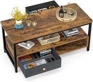 rustic brown industrial coffee table with storage drawers and double shelves for living room - easy assemble metal frame center table logo