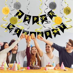 img 2 attached to 🎉 Happy Birthday Banner in Black, includes 6 Tissue Pom Poms (2 Gold, 2 Yellow, 2 Silver) and 6 Swirls (3 Gold, 3 Silver) for Stunning Birthday Decorations