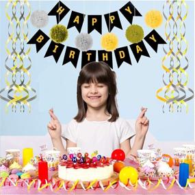 img 1 attached to 🎉 Happy Birthday Banner in Black, includes 6 Tissue Pom Poms (2 Gold, 2 Yellow, 2 Silver) and 6 Swirls (3 Gold, 3 Silver) for Stunning Birthday Decorations