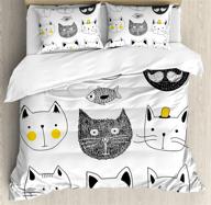 🐱 cat duvet cover set by ambesonne – monochrome design with kitties sporting funny moustache and bow tie hat crown, fluffy fish and humorous faces – decorative 3 piece bedding set with 2 pillow shams in queen size, yellow blue logo