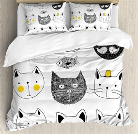 img 2 attached to 🐱 Cat Duvet Cover Set by Ambesonne – Monochrome Design with Kitties sporting Funny Moustache and Bow Tie Hat Crown, Fluffy Fish and Humorous Faces – Decorative 3 Piece Bedding Set with 2 Pillow Shams in Queen Size, Yellow Blue