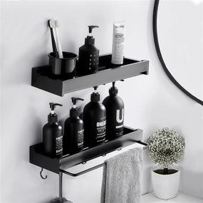 img 2 attached to 🚿 Black Shower Caddy Basket Shelf: Organize Bathroom, Shower, and Kitchen with Soap Holder, Retractable Towel Rack, and 4 Hooks - No Drilling Adhesive Shower Wall Shelves