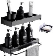 🚿 black shower caddy basket shelf: organize bathroom, shower, and kitchen with soap holder, retractable towel rack, and 4 hooks - no drilling adhesive shower wall shelves logo