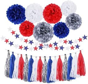 img 4 attached to 🎉 30-Piece Blue Red Silver Pom Pom Flowers Party Decorations- Hanging Tissue Paper Pom Poms flowers- Hanging Swirls Garland Tassel- Patriotic Party Supplies