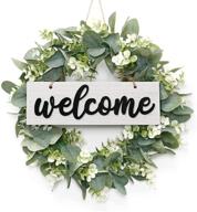 🌿 16 inch artificial eucalyptus leaves wreath with welcome sign board - white, for festival front door, window, and farmhouse decoration логотип