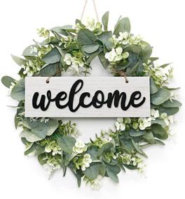 img 4 attached to 🌿 16 Inch Artificial Eucalyptus Leaves Wreath with Welcome Sign Board - White, for Festival Front Door, Window, and Farmhouse Decoration