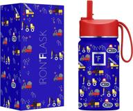 🔥 iron °flask kids water bottle - 14 oz: straw lid, vacuum insulated stainless steel, double walled tumbler - ultimate construction zone thermo mug! logo