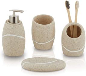 img 4 attached to Enhance Your Bathroom Décor with zccz Bathroom Accessories Set 4 Pcs: Soap Dispenser, Toothbrush Holder, Tumbler, and Soap Dish in Elegant Caramel Sandstone