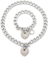 fashion 21 women's 3d heart pendant set: gold and silver color plated, cuban link chain & bracelet with pave filling logo