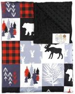 🦌 minky baby blanket with moose, bear, and deer heads, trees and vines design - red and black plaid, white, and gray logo