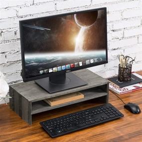 img 3 attached to 🖥️ 2-Tier Ergonomic Computer Monitor Stand Riser & Desktop Organizer Shelf in Rustic Gray Wood by MyGift