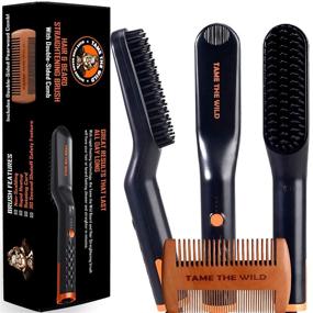 img 1 attached to 🧔 TAME THE WILD Easy Glide Beard Straightener: Fast Anti-Scald Comb with Ceramic Heated Brush- 3 Temperature Settings - Bonus Detangle Comb - Gift Set