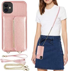 img 4 attached to 📱 ZVEdeng iPhone 11 Wallet Case with Card Holder, Crossbody Chain and Wrist Strap, Kickstand Phone Case Crossbody Bag - Rose Gold, 6.1inch