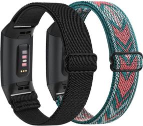 img 4 attached to 🌈 Двухпак эластичных ремешков для Fitbit Charge 4 / Fitbit Charge 3 / Charge 3 SE, замена нейлоновых спортивных браслетов для Fitbit Charge 4 / Charge 3 - эластичный, дышащий, черный+зеленая стрелка, идеально подходит для женщин и мужчин.