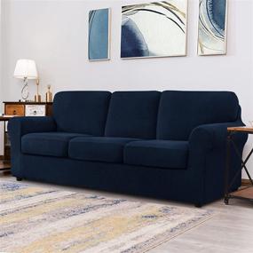 img 3 attached to 💺 Enhance Your Living Room with CHUN YI 7 Piece Stretch Sofa Cover – 3 Seater Couch Slipcover with Separate Backrests and Cushions in Elastic Band - Luxurious Dark Blue Checks Spandex Jacquard Fabric