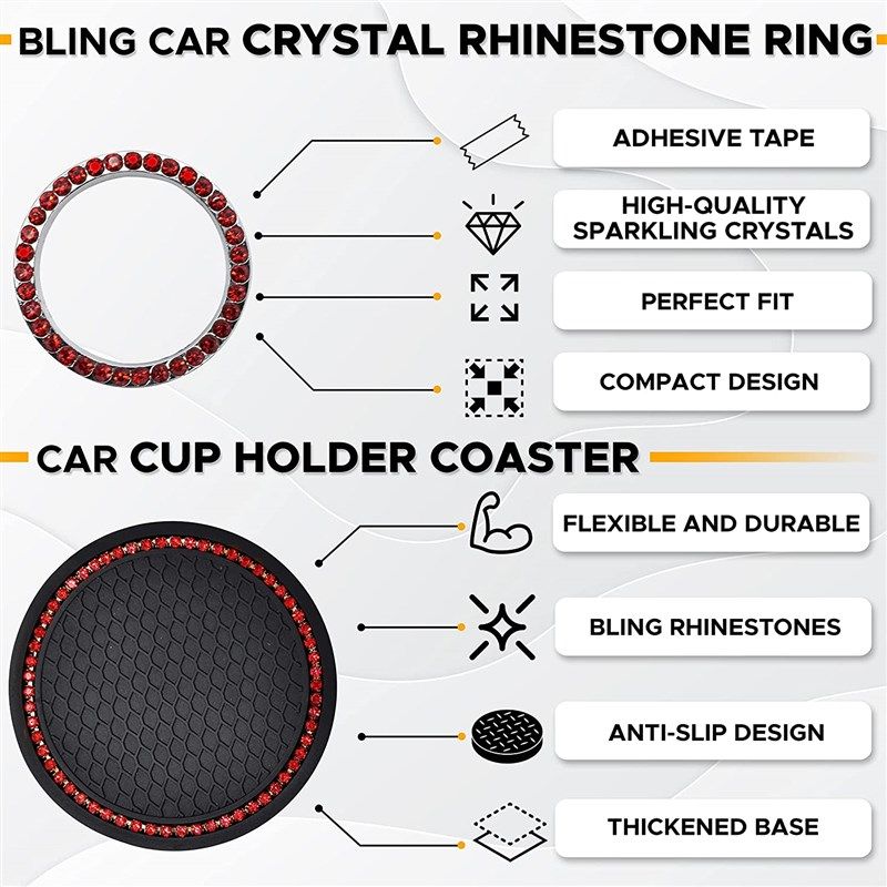 EcoNour Car Cup Coasters (2 Pack) | Car Push Start Button Bling (1 Pack) |  Car Cup Holder Coaster | Crystal Rhinestone Car Interior Accessories | 2.75