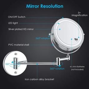 img 1 attached to 💡 Alvorog LED Lighted Wall Mounted Makeup Mirror - 5X Magnifying Cosmetic Mirror with 360° Swivel, Extendable Two Sided Vanity Mirror for Bathroom - Powered by 4 x AAA Batteries (Not Included)