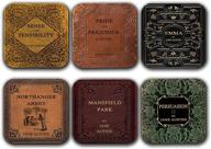 six book-themed coasters with complete novels of jane austen, perfect for coffee mugs logo