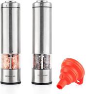 🌶️ electric salt and pepper grinder set - battery operated one handed mill with ceramic grinders, adjustable coarseness, funnel and bottom cap - includes lights for easy use - perfect for home kitchen logo