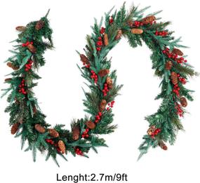 img 3 attached to 9ft x 12in Christmas Garland for Mantle with 50 Lights, Battery 🎄 Operated Lighted Garlands with Pinecones & Red Berries - Ideal Outdoor Holiday Fireplace Decorations