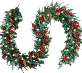 img 4 attached to 9ft x 12in Christmas Garland for Mantle with 50 Lights, Battery 🎄 Operated Lighted Garlands with Pinecones & Red Berries - Ideal Outdoor Holiday Fireplace Decorations