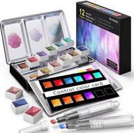 🎨 emooqi metallic watercolor paints set - professional glitter watercolour solid paint box with 12 metallic glitter colors, 2 water brushes, 2 color cards, and storage bag - ideal for illustrations, painting, and more logo