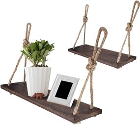 img 4 attached to ❤️ Yankario Rustic Wood Floating Swing Shelf with 4 Hooks, Pack of 2 - Rope Hanging Wall Decor