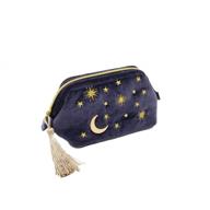 navy velvet embroidered applique moon stars sun cosmetic bag with tassels & pearl zipper – handy makeup pouch for beautician storage, clutch handbags, toiletry wash bag logo